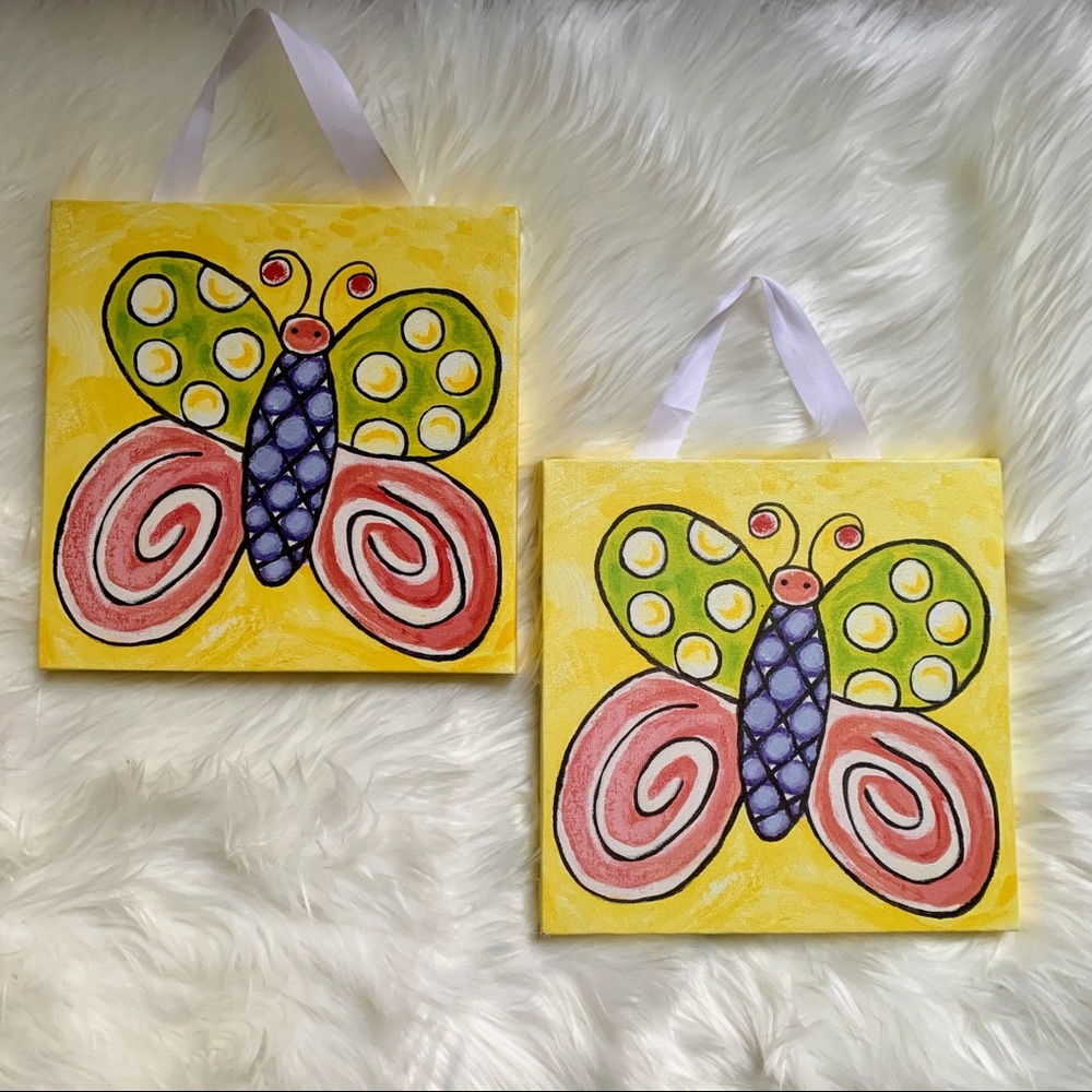 2 Butterfly Canvas Wall Art Hanging Baby Nursery Kids Girls Room Decor 9x9